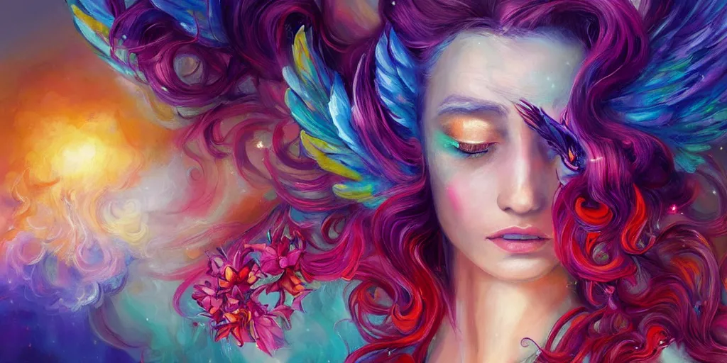 Image similar to a colorful and provenance portrait painting of a angel with her hugeflowers wings spread out gracefully, highly saturated colors, highly detailed, hair made of hair made of air wind and curling smoke, mist, dust, genie, flowers, flower, stars, spirit fantasy concept art, art by charlie bowater and aenami, trending on artstation.