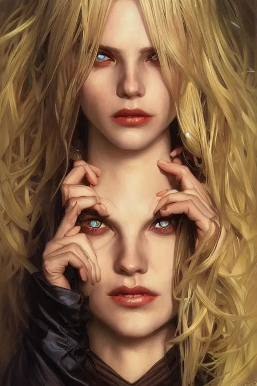 Image similar to portrait of a blonde vampire, dark, piercing eyes, gentle expression, elegant clothing, photorealistic, highly detailed, artstation, smooth, sharp focus, art by michael whelan, artgerm, greg rutkowski and alphonse mucha