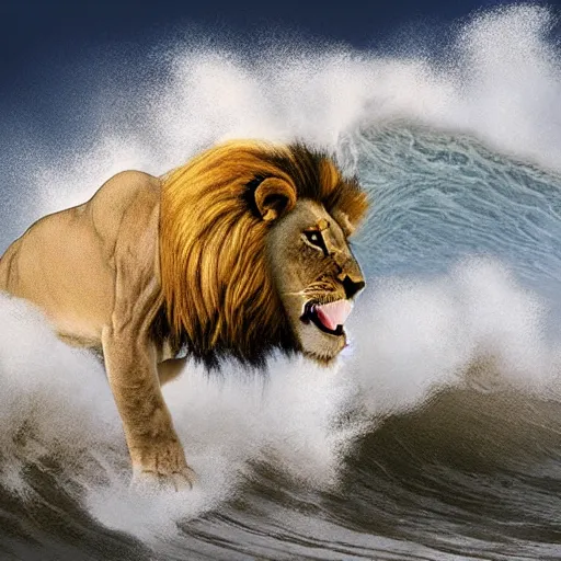 Image similar to a lion's face breaching through a wave, stormy weather