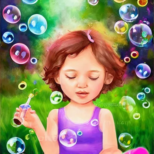 Image similar to a little girl in a beautiful garden blowing bubbles. beautiful cartoon painting art, high quality, detailed face, on a birthday card