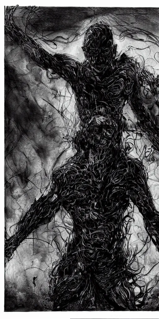 Prompt: concept art of a man with his body covered in burns, with evil black smoke coming out of his hands, full body, dark colors, sinister atmosphere, dramatic lighting, cinematic, establishing shot, extremely high detail, photo realistic, cinematic lighting, pen and ink, intricate line drawings, by Yoshitaka Amano, Ruan Jia, Kentaro Miura, Artgerm, post processed, concept art, artstation, matte painting, style by eddie mendoza, raphael lacoste, alex ross,