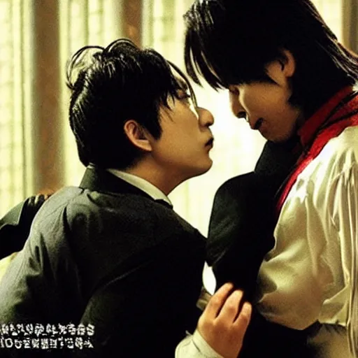 Image similar to film still, two vampires kissing, directed by park chan - wook