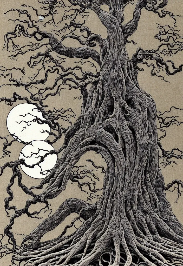 Image similar to prompt: anatomy dissection drawing skeleton Bonsai tree squid creature roots merging into big moon drawn by Takato Yamamoto, bonsai skeleton anatomy atlas, veins and organs attached to tree roots, alchemical objects inspired by 1980's sci-ci, old experimentation cabinet, intricate oil painting detail, manga 1980