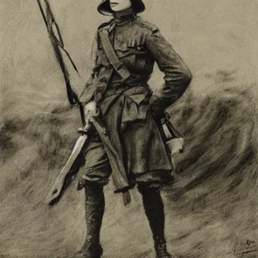 Image similar to ww 1 action heroine, by alfred stevens in charcoal