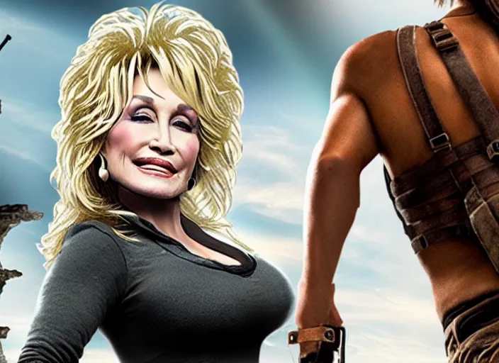 Image similar to film still of!!!! dolly parton!!! as lara croft in new tomb raider movie, 8 k