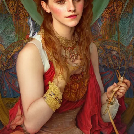 Prompt: Portrait of emma watson wearing assamese mekhela sleeveless silk saree, drawn by Donato Giancola and Tom Bagshaw, face by Artgerm, overall design by Alphonse Mucha, Assam tea village background by James Jean and Gustav Klimt, light by Julie Bell, 4k, porcelain skin, komorebi, french nouveau, trending on artstation, octane render, hyperrealistic