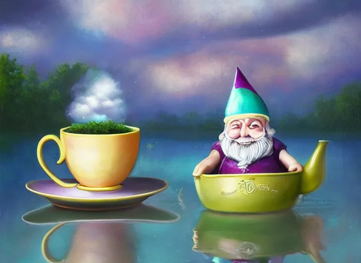 Image similar to a garden gnome sailing in a teacup, whimsical background of a reflective pond on a sunny day with dramatic clouds, an ultrafine detailed painting by mark ryden, trending on deviantart, pop surrealism, whimsical, lowbrow, joyous, perfect cute face