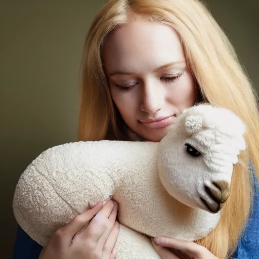 Prompt: “Young woman with long blonde hair cuddling a alpaca plushie, photography, hyperrealistic” n- 4