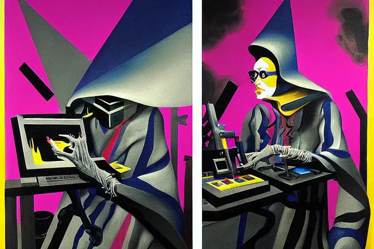 Image similar to a highly detailed beautiful masterpiece painting of a technomancer wizard in dazzle camouflage robes with pointed hood tampering with the world engine in his laboratory near a computer by Remedios Varo and Anato Finnstark and Greg Rutkowski and Andy Warhol and Francis Picabia, dayglo pink, dayglo blue, prismatic, pearlescent white, raven black, hyperrealism, 8k, trending on ArtStation