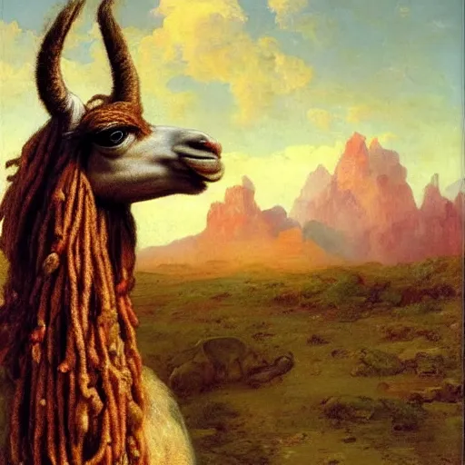 Image similar to detailed baroque portrait of a llama with dreadlocks, realistic creature concept, heroic pose, desert mountain in background, Ilya Repin oil painting, style of Brian Jacques