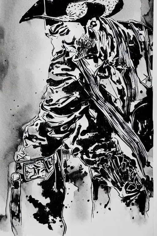 Prompt: ink painting of a single cowboy in style of Sin City by Frank Miller