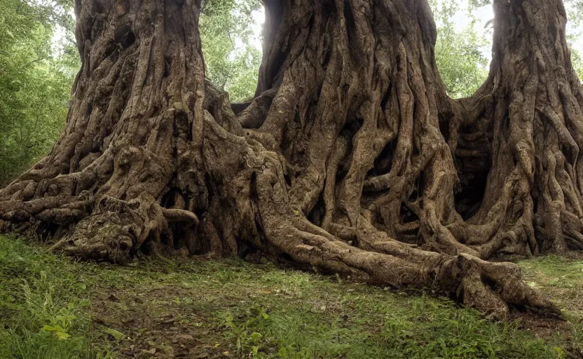 Image similar to secret entrance to giant ancient tree, background of the witcher game