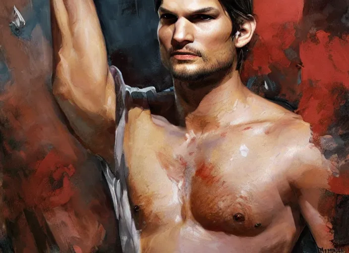 Image similar to a highly detailed beautiful portrait of ashton kutcher as kratos, by gregory manchess, james gurney, james jean