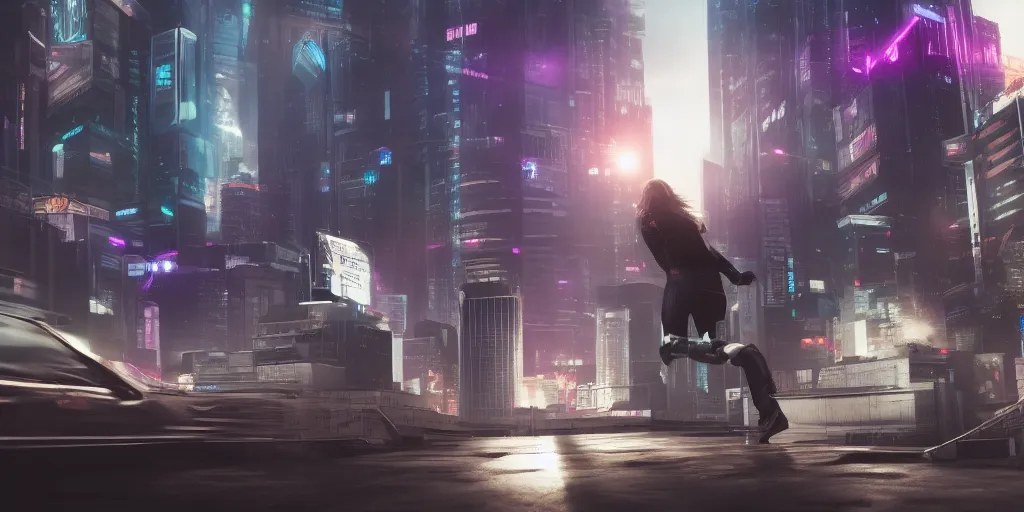 Prompt: Faith Connors running over a rooftop, cyberpunk, nighttime