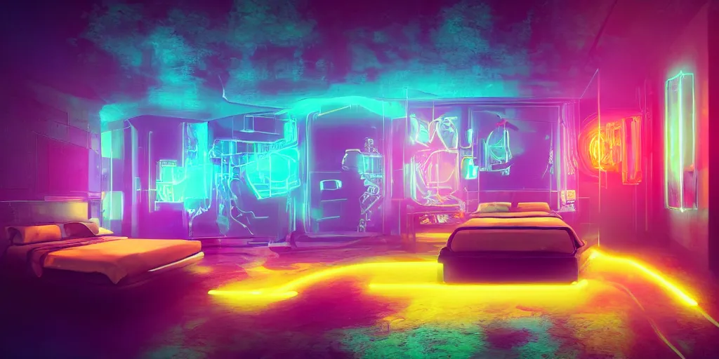 Prompt: A futuristic neon colorful dream-like dazzling hotel bedroom with dappled lighting illustrated by Greg Rutkowski, architectural photography, professional photography, Trending on artstation, artstationHQ, artstationHD, 4K resolution, 8k resolution