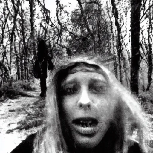 Prompt: Terrifying selfie, film The Blair Witch Project