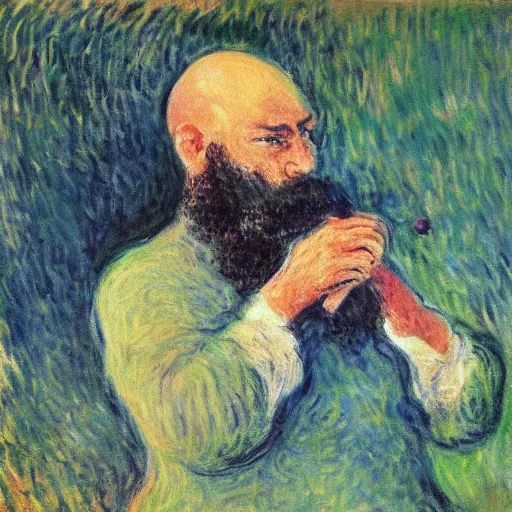 Image similar to monet painting of a bearded man with shaved head puking on a soccer ball, highly detailed, realistic,