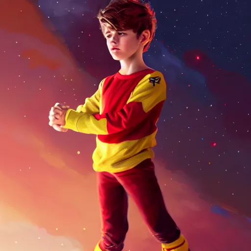 Image similar to colorful and festive captivating young child boy, brown fluffy hair, wearing red and yellow hero suit, shooting a crescent moon out of his fist. full body, rich vivid colors, ambient lighting, dynamic lighting, 4 k, atmospheric lighting, painted, intricate, highly detailed by charlie bowater