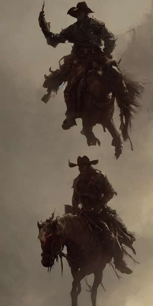 Prompt: cowboy on a horse. Dark fantasy. Mysterious and horror. trending on artstation, high detail, masterpiece, in the style of Ruan Jia and Brad Rigney