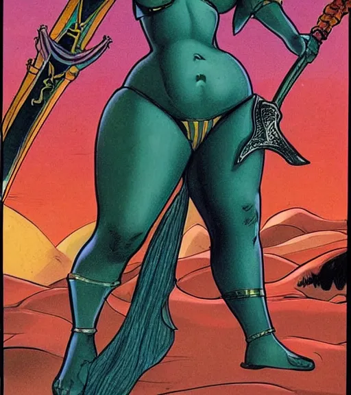 Prompt: 1 9 8 0 s fantasy novel book cover, plus size amazonian ariel winter in extremely tight bikini armor wielding a cartoonishly large sword, exaggerated body features, dark and smoky background, low quality print