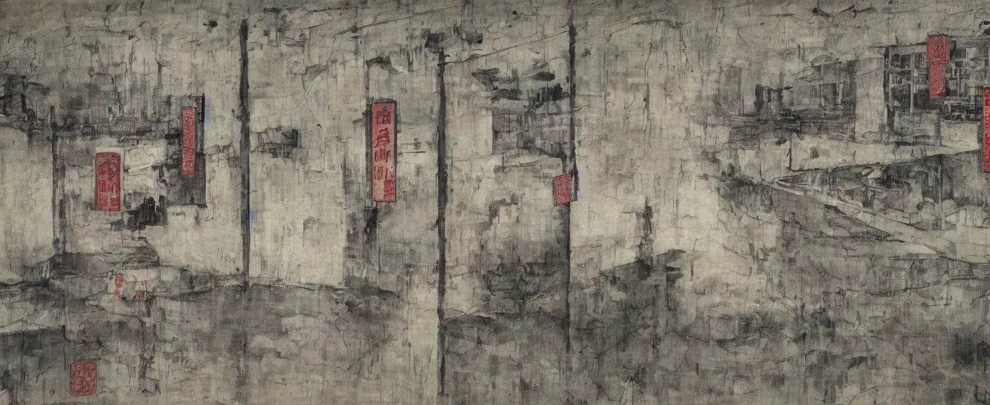 Image similar to a chinese prison near a river by peter doig, muted colors, overlaid with chinese adverts