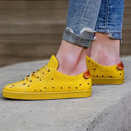 Prompt: yellow sneaker shoe full of holes that is made from Swiss cheese