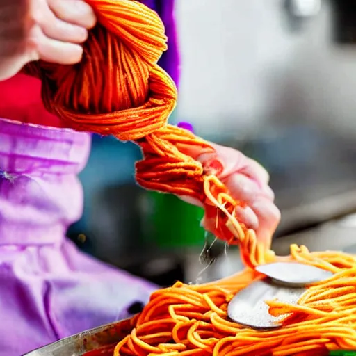 Image similar to italian chef cooking a plate of colorful yarn like spaghetti