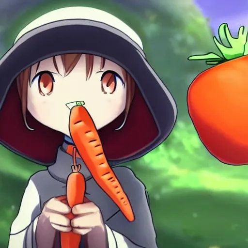 Image similar to cute android with big tomato hat and a carrot sword, made in abyss style