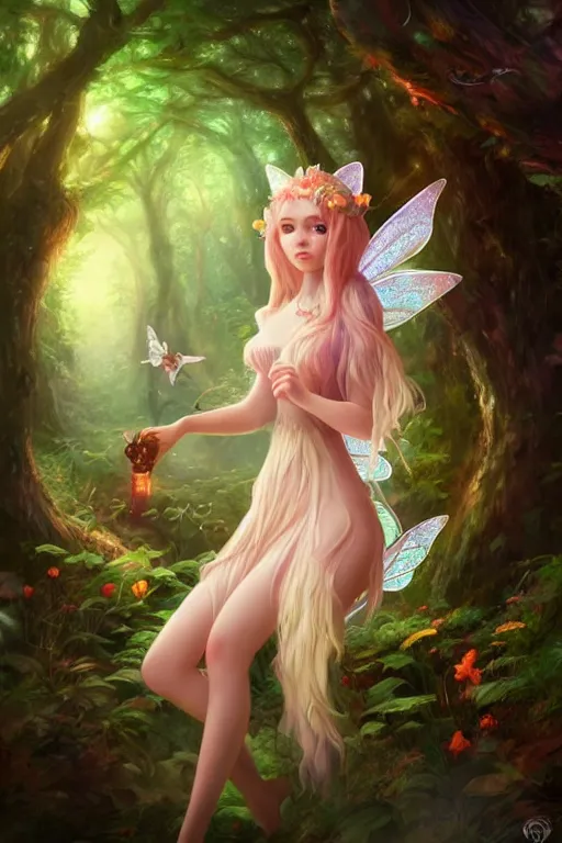 Image similar to a cute fairy in the dreamy forest, fantasy, 8 k resolution, hyper detailed, d & d, character design, digital painting, trending on artstation, sharp focus, illustration, art by artgerm, steve zheng, fuji choko, viktoria gavrilenko, hoang lap