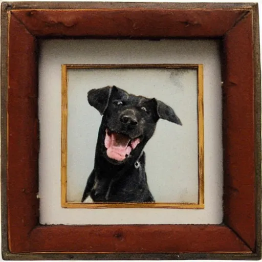 Image similar to painted wooden frame, elegant, 1 9 2 0 s, for a square picture of a happy dog 3 d render