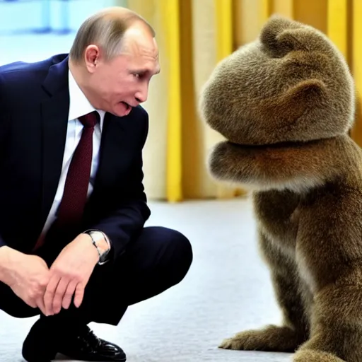 Image similar to Vladimir Putin kneeling before a man in a wild furry costume