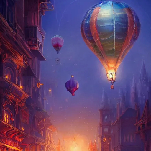 Image similar to a beautiful stunning fantasy whimsical matte digital illustration of a scene of a hot - air balloon powered by magic over a lit city at night by marc simonetti, pastel color palette, disney magic the gathering steampunk, chiaroscuro magical bokeh moon stars dramatic romantic epic breathtaking, trending on artstation hq, masterpiece