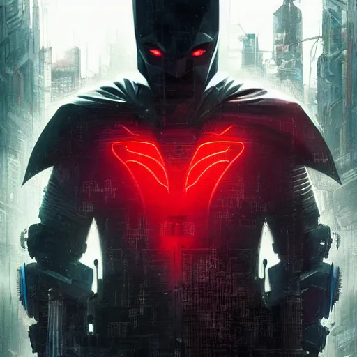 Image similar to cyberpunk batman with fullface mask, red bat logo, full shot, moody, futuristic, city background, brush strokes, oil painting, greg rutkowski