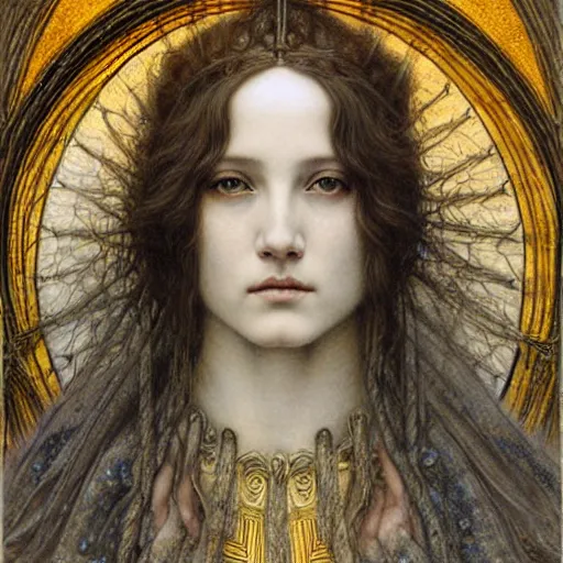 Image similar to detailed realistic beautiful young medieval queen face portrait by jean delville, gustave dore and marco mazzoni, art nouveau, symbolist, visionary, gothic, pre - raphaelite