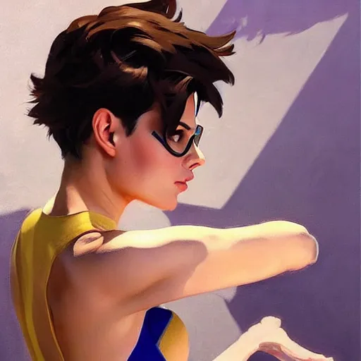 Prompt: greg manchess painting of tracer wearing a latex suit, medium shot, organic painting, sunny day, bold shapes, hard edges, street art, trending on artstation, by huang guangjian and gil elvgren and sachin teng and artgerm and greg rutkowski and alphonse mucha
