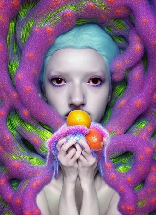 Image similar to hyper detailed 3d render like a Oil painting - kawaii portrait Aurora (white haired Singer Ferret) seen Eating of the Strangling network of yellowcake aerochrome and milky Fruit and Her delicate Hands hold of gossamer polyp blossoms bring iridescent fungal flowers whose spores black the foolish stars by Jacek Yerka, Mariusz Lewandowski, Houdini algorithmic generative render, Abstract brush strokes, Masterpiece, Edward Hopper and James Gilleard, Zdzislaw Beksinski, Mark Ryden, Wolfgang Lettl, hints of Yayoi Kasuma, octane render, 8k