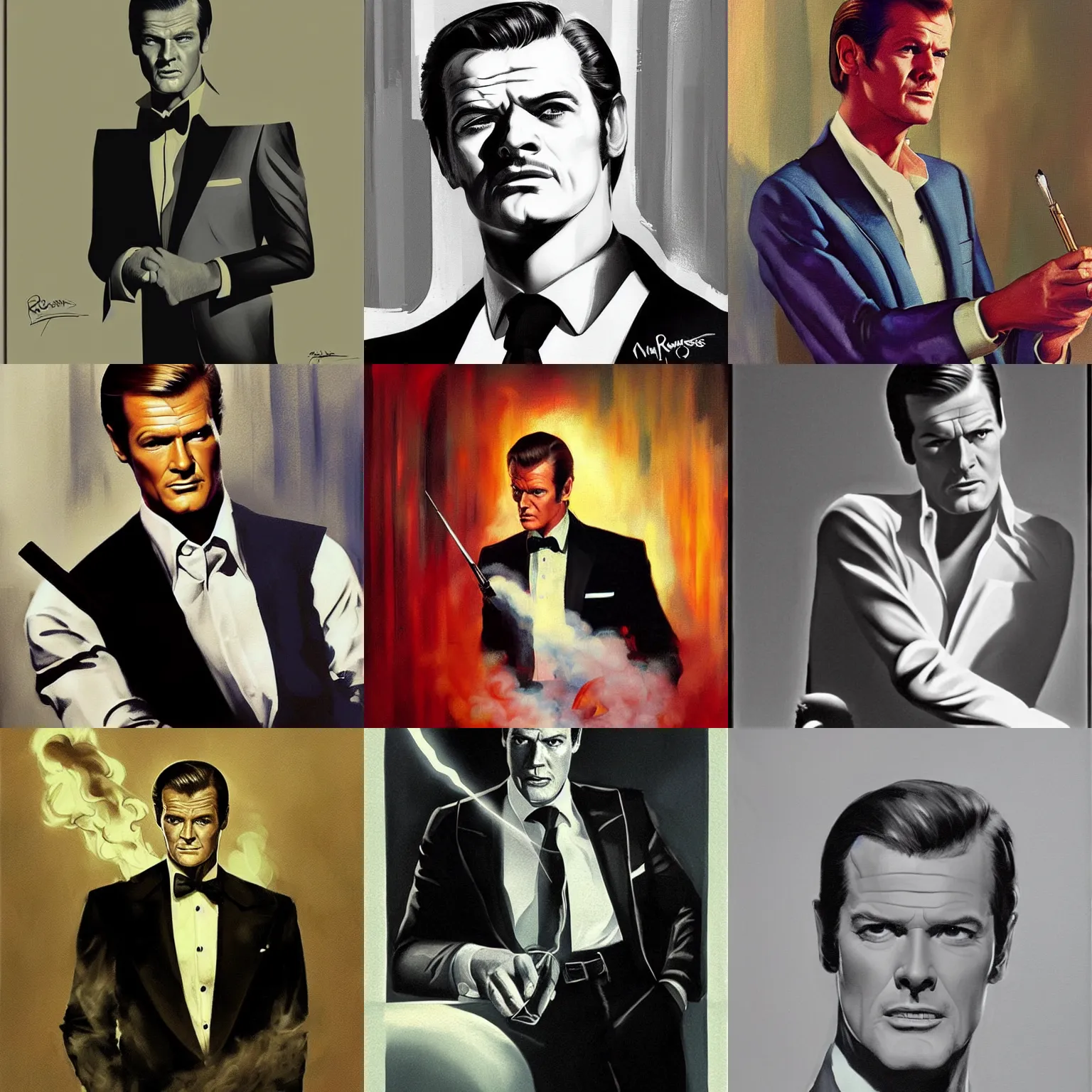Prompt: young roger moore as james bond, 1 9 7 3, smoke filled room, film noir lighting, in paris, painting by ross tran