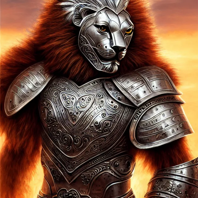 Image similar to warrior with metal lion armour, highly detailed, 4 k, hdr, smooth, sharp focus, high resolution, award - winning photo, artgerm, photorealistic