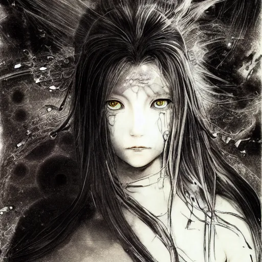 Prompt: Yoshitaka Amano blurred and dreamy illustration of an anime girl with black eyes, wavy white hair and cracks on her face wearing elden ring armour with the cape fluttering in the wind, abstract black and white patterns on the background, noisy film grain effect, highly detailed, Renaissance oil painting, weird portrait angle