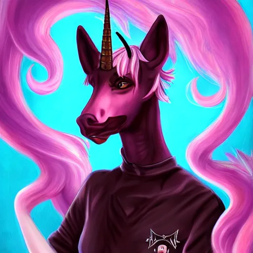 Prompt: Beautiful portrait digital painting, oil painting, anthro anthropomorphic unicorn androgynous , at a lake anarchist anarcho-punk Punk Punk outfit. furaffinity, artstation