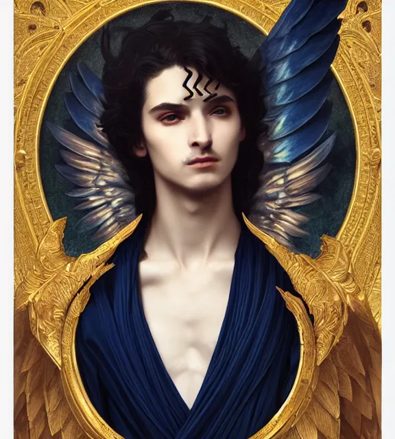 Image similar to portrait of a god of death, young male, in the underworld, elegant dark blue dress, very detailed, throne, very intricate details, jewelry, gold eyeshadow, elaborate long black hairstyle, wings, cinematic, artstation, william bouguereau, alphonse mucha, greg rutkowski, rossdraws, octane render