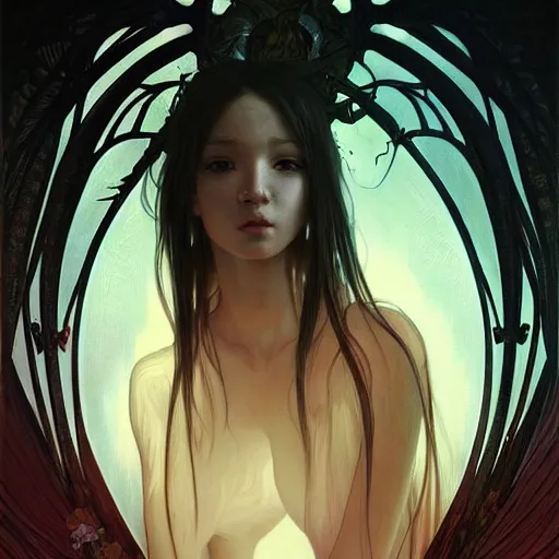 Image similar to A portrait of A beautiful!!!! angel in black flames by Ross Tran!! and alphonse mucha and greg rutkowski! and Zdzisław Beksiński!!,In style of digital art illustration.Fantasy,darksouls,elden ring,smooth,hyper detailed,sharp focus,Soft light.trending on artstation.4k