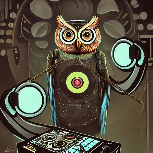 Image similar to an owl dj in human clothes making techno music, artistic, cartoon, oil painting, futuristic, humanoid, dramatic, very detailed, trending on artstation, surreal