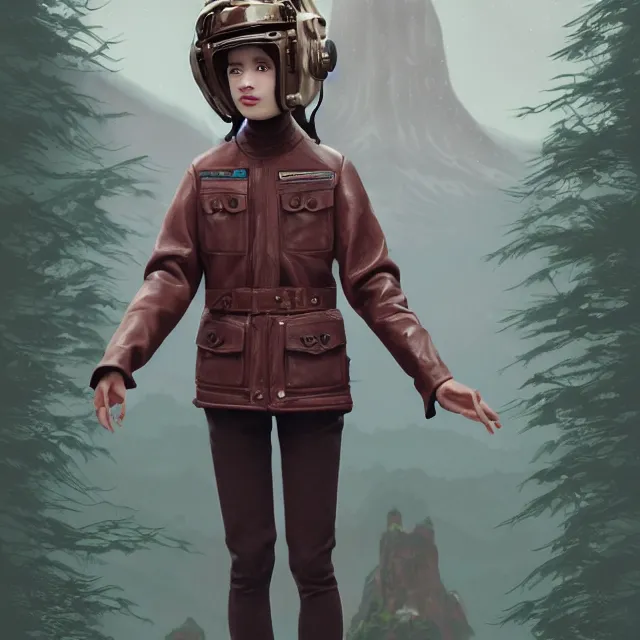 Image similar to highly detailed portrait of androgynous girl wearing bakelite leather jacket, bakelite rocky mountains, japanese haunted forest, by hsiao - ron cheng and artgerm, modular synthesizer helmet backpack, the grand budapest hotel, glow, no crop, digital art, artstation, pop art