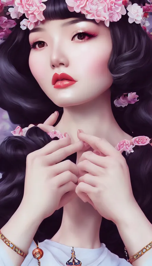 Image similar to a pin up and beautiful fashion and charming and dreamlke asian girl, lv jewelry, art by artgerm & jeehyung lee & wlop, hyperdetailed, 8 k realistic, symmetrical, frostbite 3 engine, cryengine, dof, trending on artstation, digital art