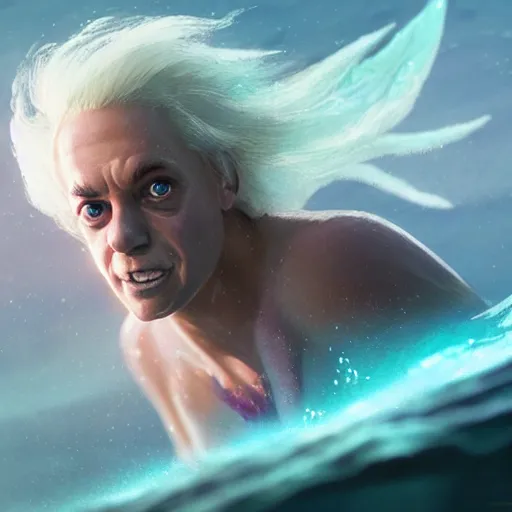 Image similar to doc brown as arielle the mermaid in water, medium shot, disney animation, sharp, illustration, sharp, anime key art by greg rutkowski, bloom, dramatic lighting sharp focus, cinematic, artbook, smooth