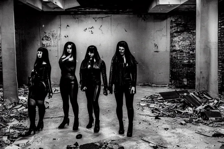 Image similar to 4 goths in leather, watching a black hole forming in the grimy grungy basement of an abandoned apartment block, grainy black and white photography