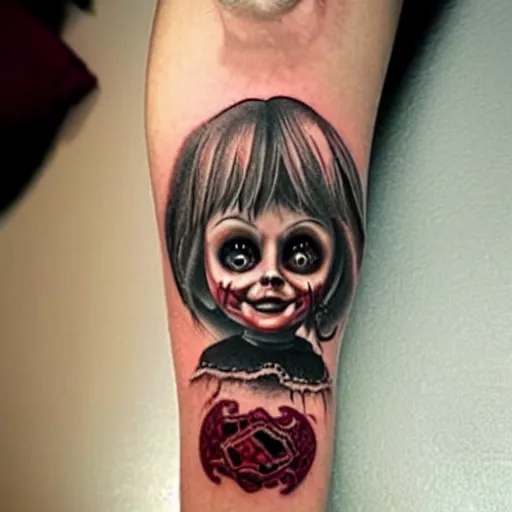 Image similar to tattoo of the annabelle doll, dark, scary, horror, high detail