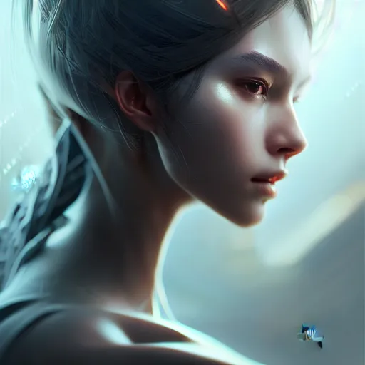 Prompt: portrait of beautiful girl with robot body by artgerm and fenghua zhong and ruan jia, close up, portrait, cinematic, elegant, artstation, intricate, highly detailed, digital painting, artstation, concept art, sharp focus, illustration, cyberpunk, cgsociety, 8 k
