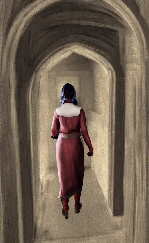 Prompt: medieval servant girl walking in castle hallway, about to enter doorframe, half turned around, full body, ultra realistic, digital painting